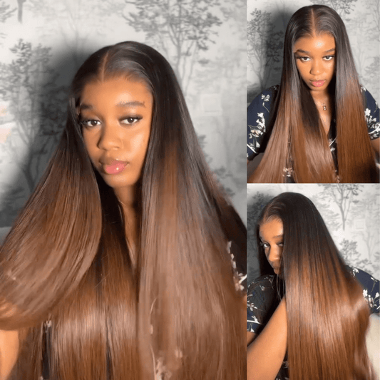 Brown Straight Glueless Wigs T1B/2/4 Ombre 13X4 Lace Front Wig Human Hair Pre Plucked