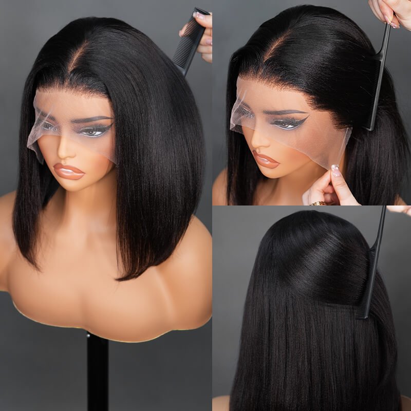 7x5 Lace Yaki Straight Glueless Put On And Go Short Bob Wig 13x4 Lace Frontal Invisi Drawstring Flash Sale