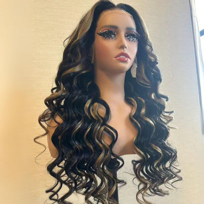 Higligh Blonde Glueless Wigs 13x4 Loose Body Wave Lace Front Curtain Bangs Human Hair Wigs 250% Density