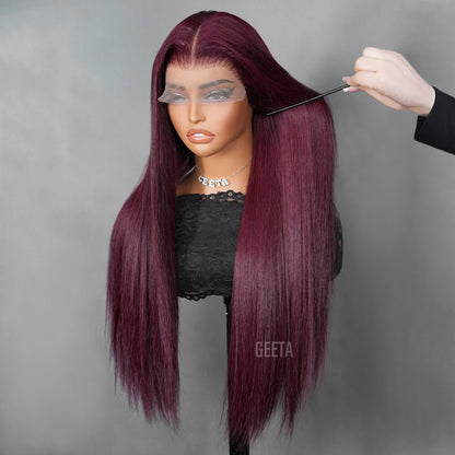 Straight 7x5 Lace Glueless Wig Burgundy Purple Black Cherry Invisi Drawstring Human Hair Wigs