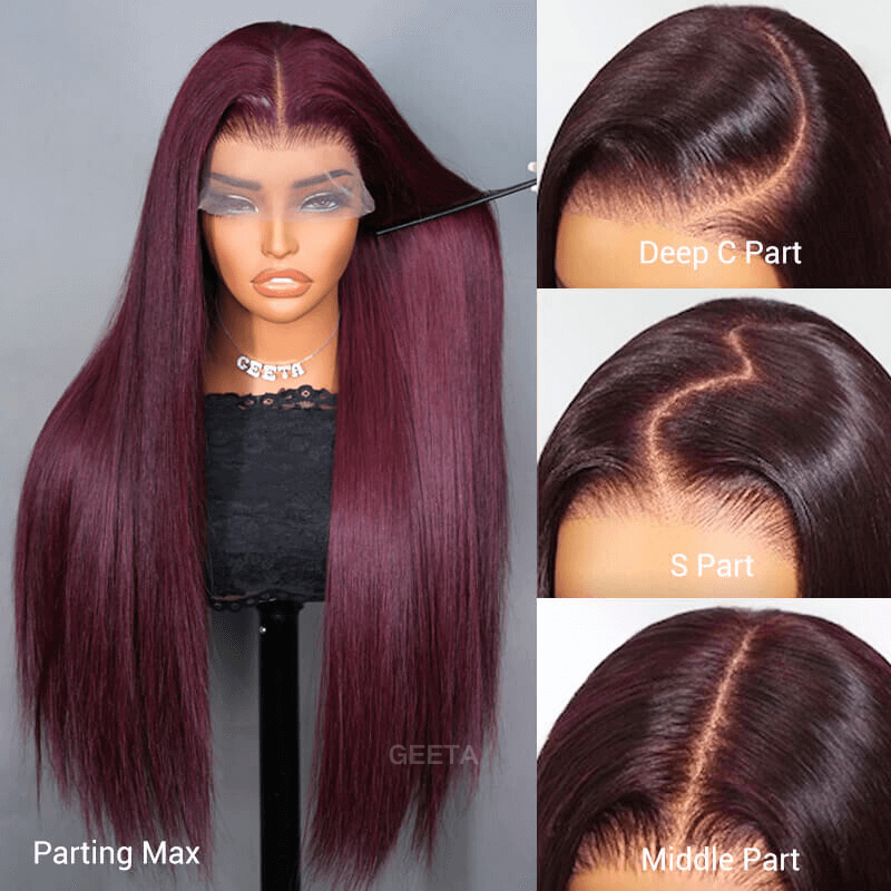 Straight 7x5 Lace Glueless Wig Burgundy Purple Black Cherry Invisi Drawstring Human Hair Wigs