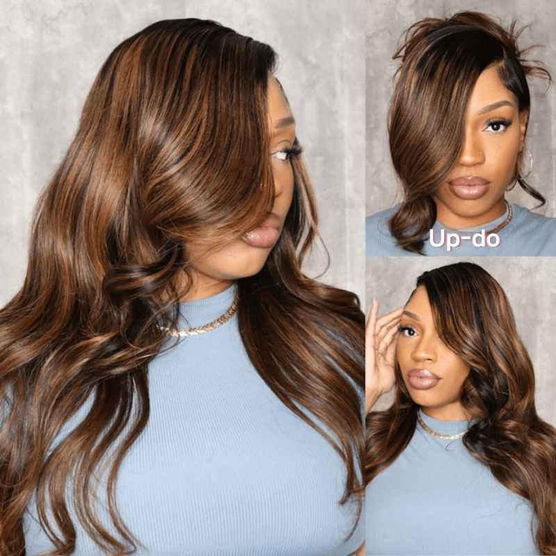 Balayage Brown Highlight 3D Body Wave 13x4 Lace Front Invisi Drawstring Put On and Go Glueless Lace Wig Flash Sale
