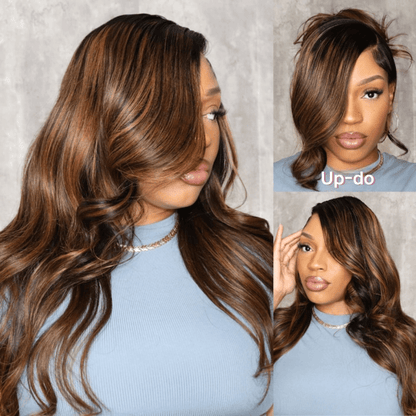 Balayage Brown Highlight 3D Body Wave 13x4 Lace Front Invisi Drawstring Put On and Go Glueless Lace Wig Flash Sale