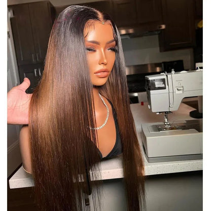 Brown Straight Glueless Wigs T1B/2/4 Ombre 13X4 Lace Front Wig Human Hair Pre Plucked