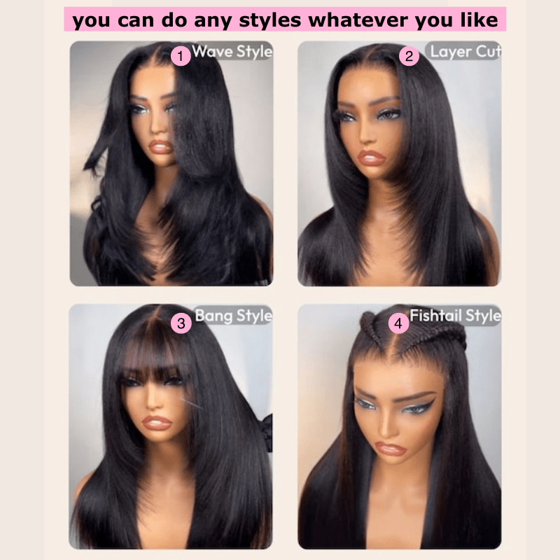 Geeta Yaki Straight 7x5 Glueless Lace Invisible Knots Put On and Go Invisi Drawstring Human Hair Wigs