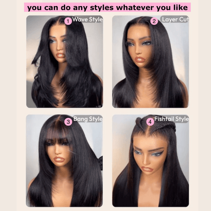 Geeta Yaki Straight 7x5 Glueless Lace Invisible Knots Put On and Go Invisi Drawstring Human Hair Wigs