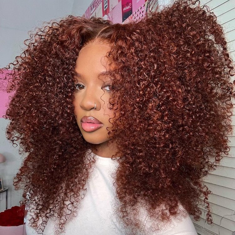 Reddish Brown 7x5 Lace Frontal Glueless Kinky Curly Invisi Drawstring Put On And Go Colored Wig