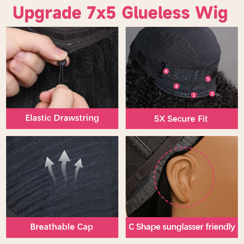 Geeta Yaki Straight 7x5 Glueless Lace Invisible Knots Put On and Go Invisi Drawstring Human Hair Wigs