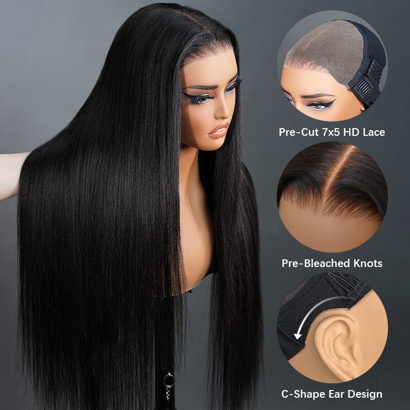 Geeta Yaki Straight 7x5 Glueless Lace Invisible Knots Put On and Go Invisi Drawstring Human Hair Wigs