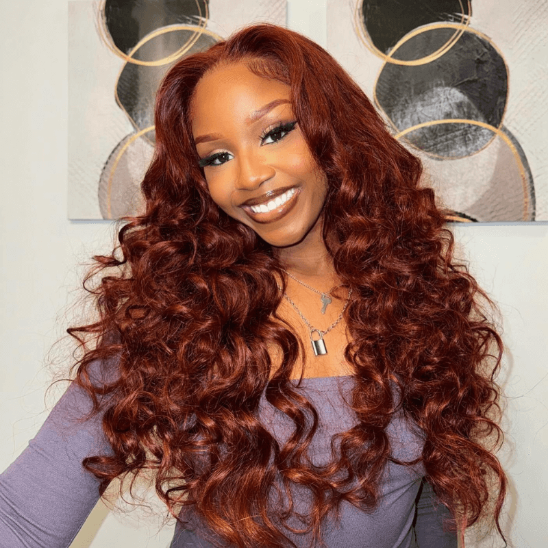 Reddish Brown Color 3D Body Wave 13x4 Lace Front Wig Put On and Go Invisi Drawstring Wig