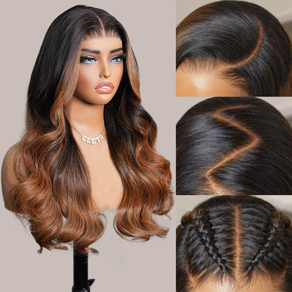 7x5 Glueless Lace Body Wave Wig Chestnut Brown Ombre Color Invisi Drawstring Put on and Go Wig
