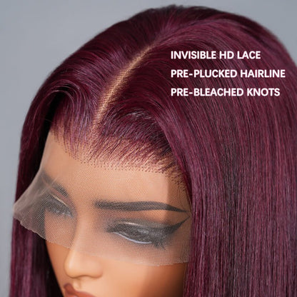 Straight 7x5 Lace Glueless Wig Burgundy Purple Black Cherry Invisi Drawstring Human Hair Wigs