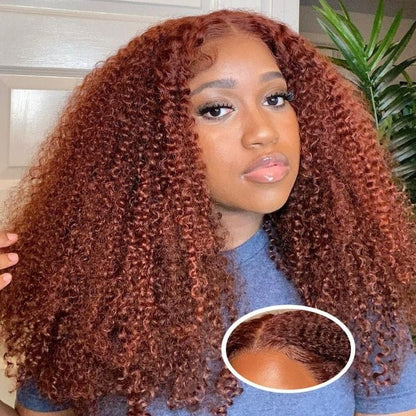 Reddish Brown 7x5 Lace Frontal Glueless Kinky Curly Invisi Drawstring Put On And Go Colored Wig
