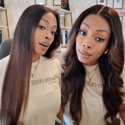 Klaiyi Ombre Chestnut Brown Yaki Straight Put On and Go Glueless Wig 7x5 Bye Bye Knots And 13x4 Lace Frontal Human Hair Wigs with Invisi Drawstring